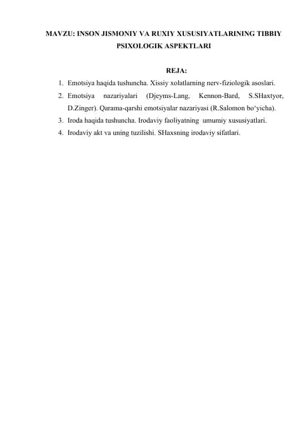 INSON JISMONIY VA RUXIY XUSUSIYATLARINING TIBBIY PSIXOLOGIK ASPEKTLARI