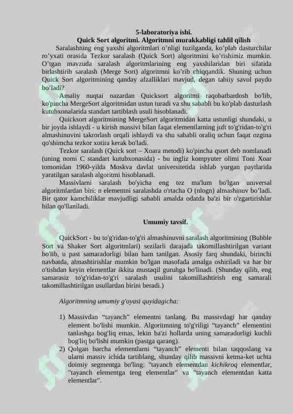 Quick Sort algoritmi. Algoritmni murakkabligi tahlil qilish