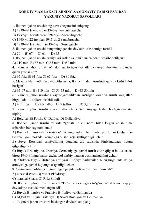 XORIJIY MAMLAKATLARNING ZAMONAVIY TARIXI FANIDAN YAKUNIY NAZORAT SAVOLLARI