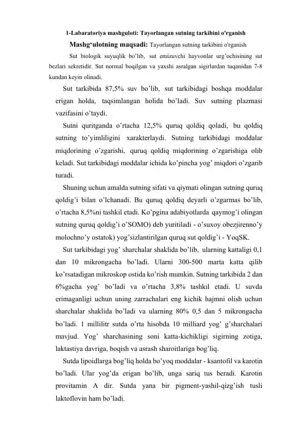 Labaratoriya mashguloti: Tayorlangan sutning tarkibini o'rganish