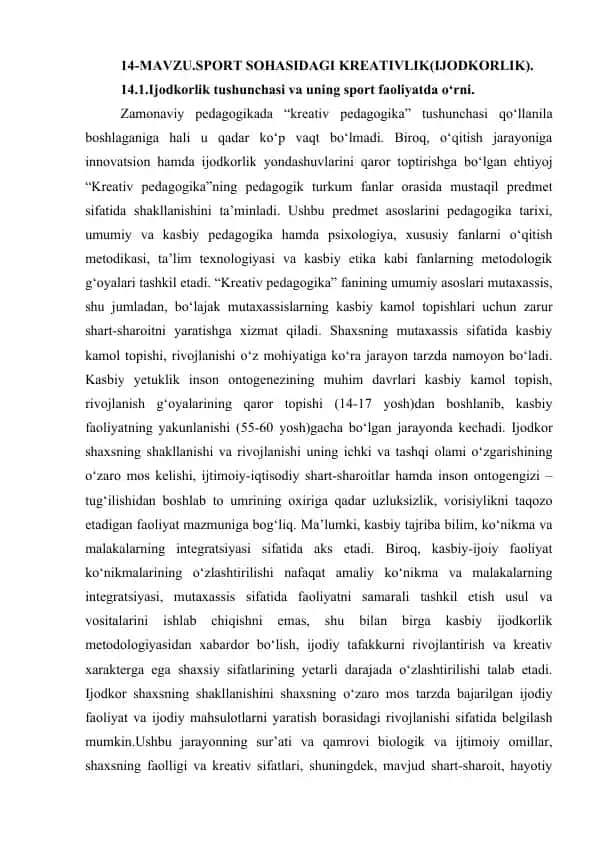"Sport sohasidagi kreativlik (ijodkorlik)"