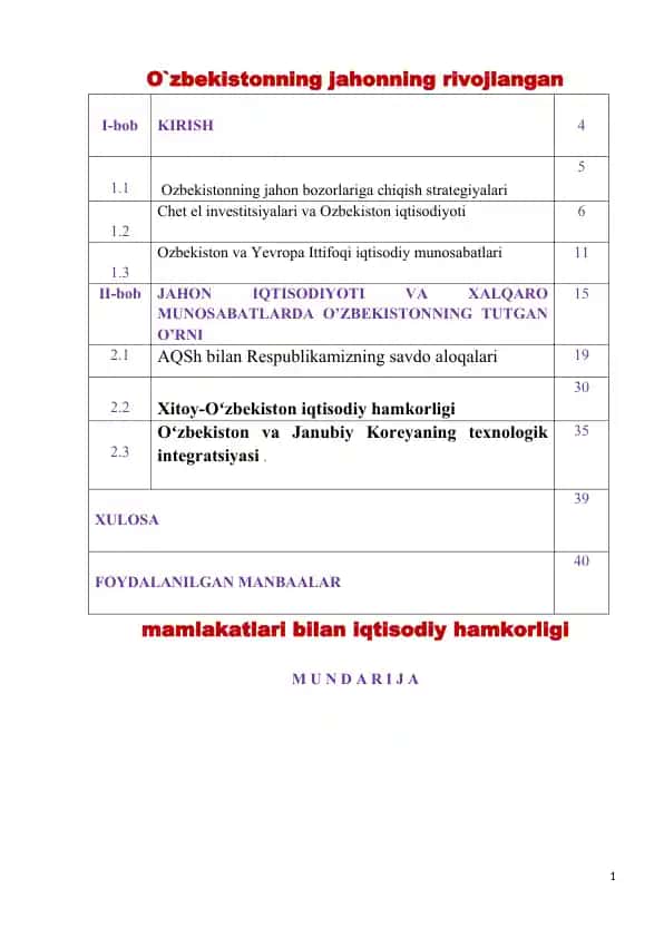 O‘zbekistonning jahonning rivojlangan mamlakatlari bilan iqtisodiy hamkorligi