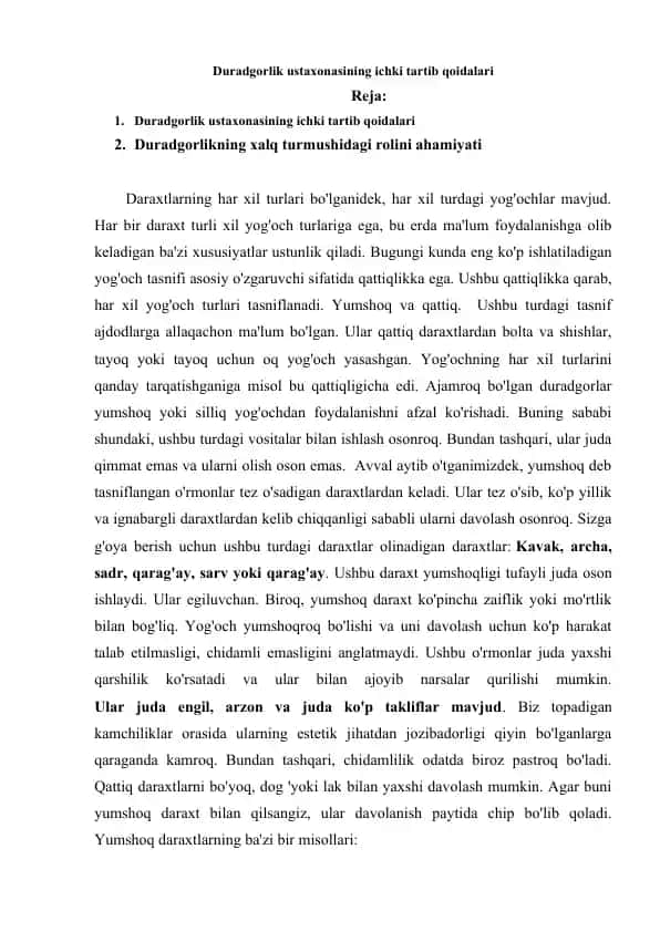 Duradgorlik ustaxonasining ichki tartib qoidalari