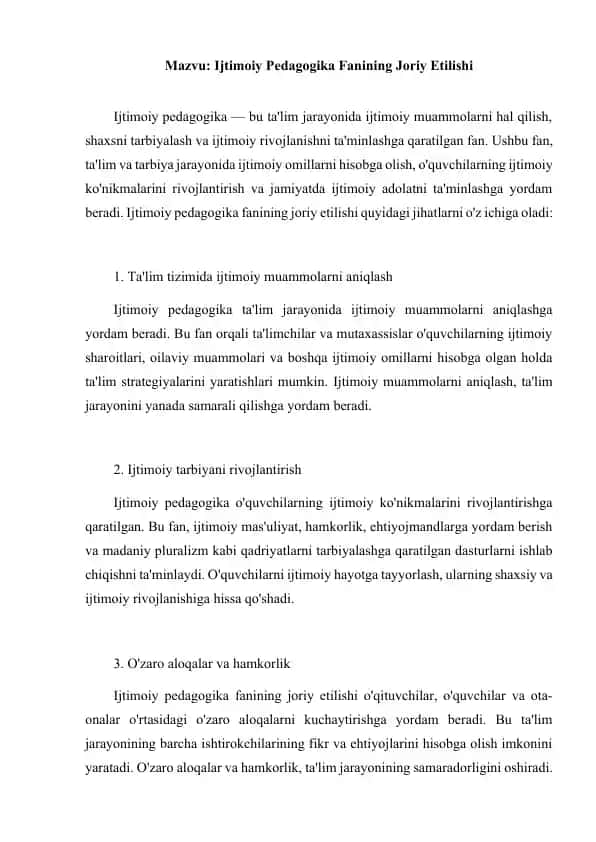 Ijtimoiy Pedagogika Fanining Joriy Etilishi