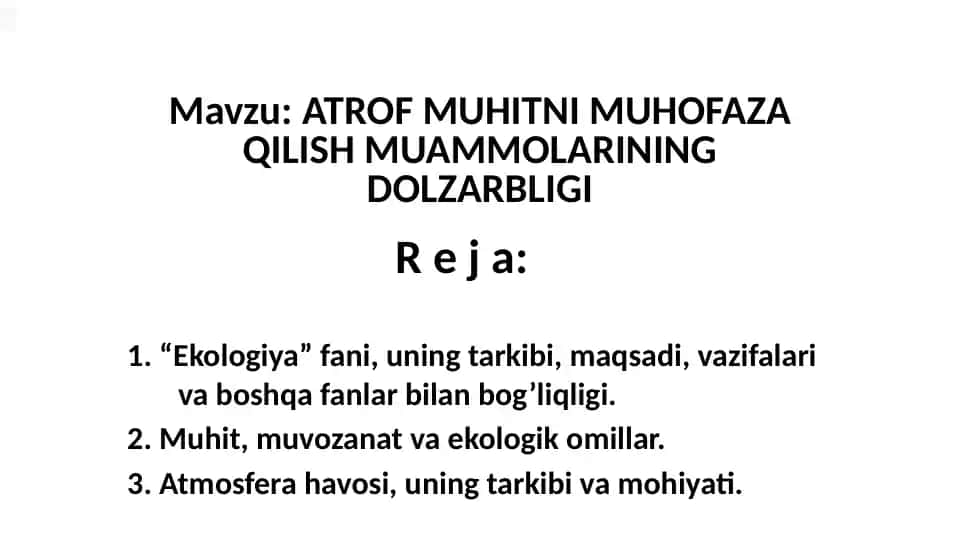 Ekologiya Fanining Asosiy Mavzulari