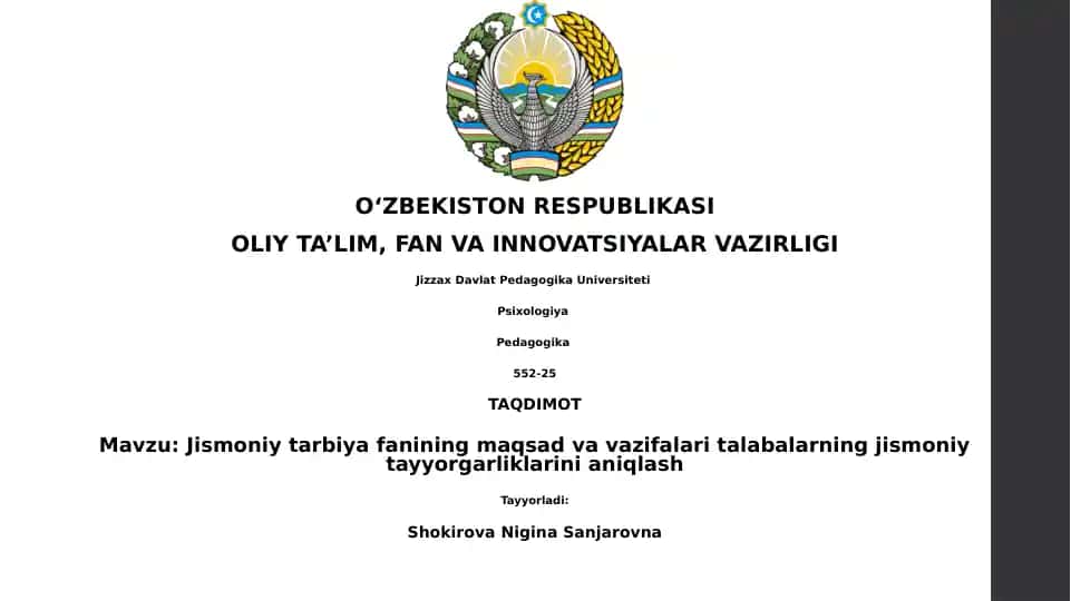 Jismoniy tarbiya fanining maqsad va vazifalari talabalarning jismoniy tayyorgarliklarini aniqlash