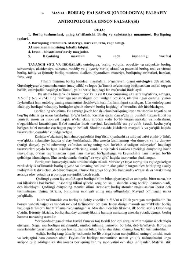 Borliq Falsafasi (Ontologiya) Falsafiy Antropologiya (Inson Falsafasi)