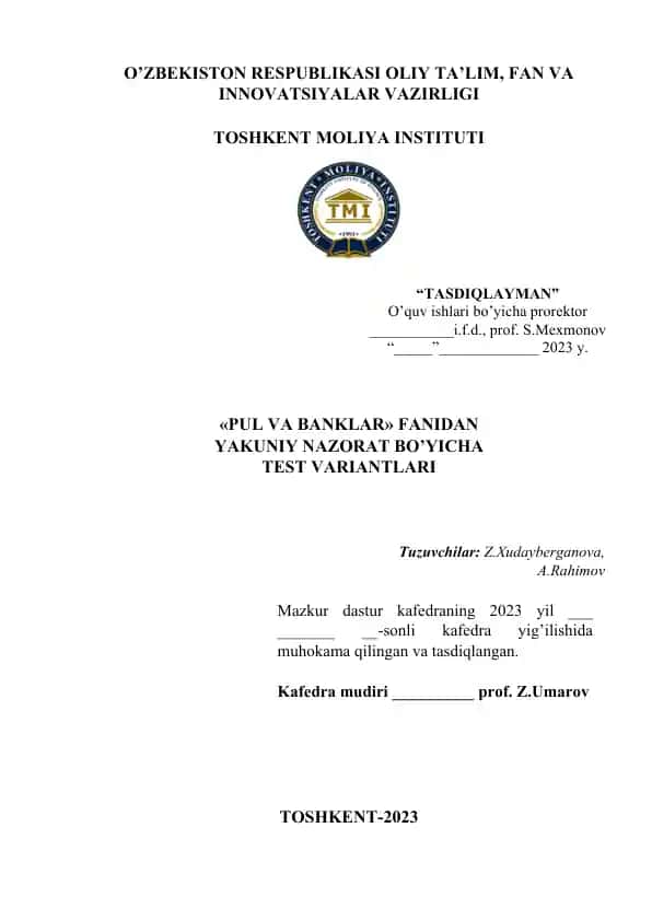 "Pul va Banklar Fanidan Testlar"