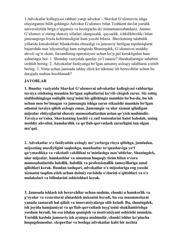 Advokatlar kollegiyasi rahbari yangi advokat – Shavkat Gʻulomov haqida maqola