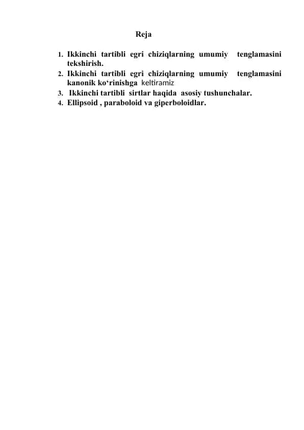 Ikkinchi tartibli egri chiziqlar va sirtlar bo‘yicha taqdimot