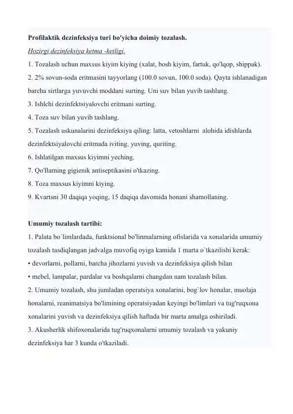 Profilaktik dezinfeksiya va umumiy sanitariya tozalash tartibi