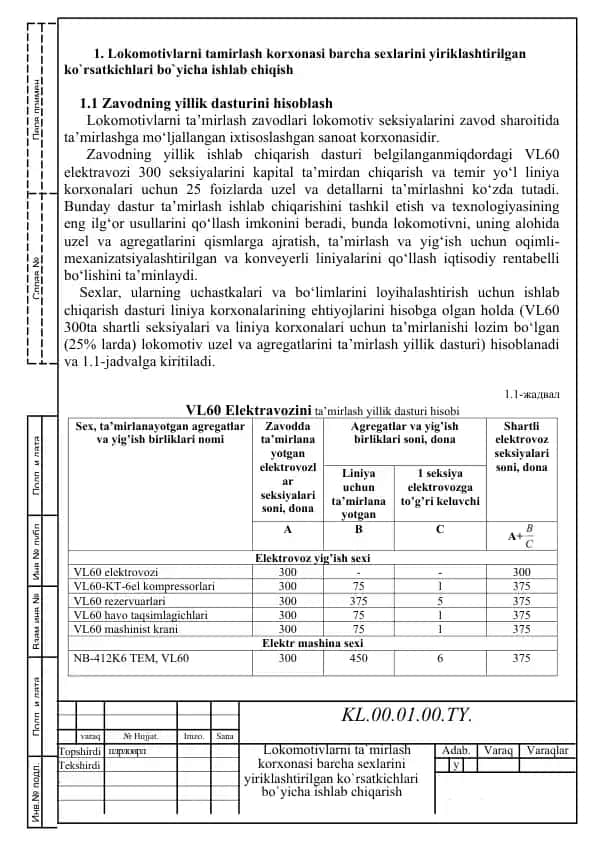 Lokomotivlarni tamirlash korxonasi barcha sexlarini yiriklashtirilgan ko`rsatkichlari bo`yicha ishlab chiqish