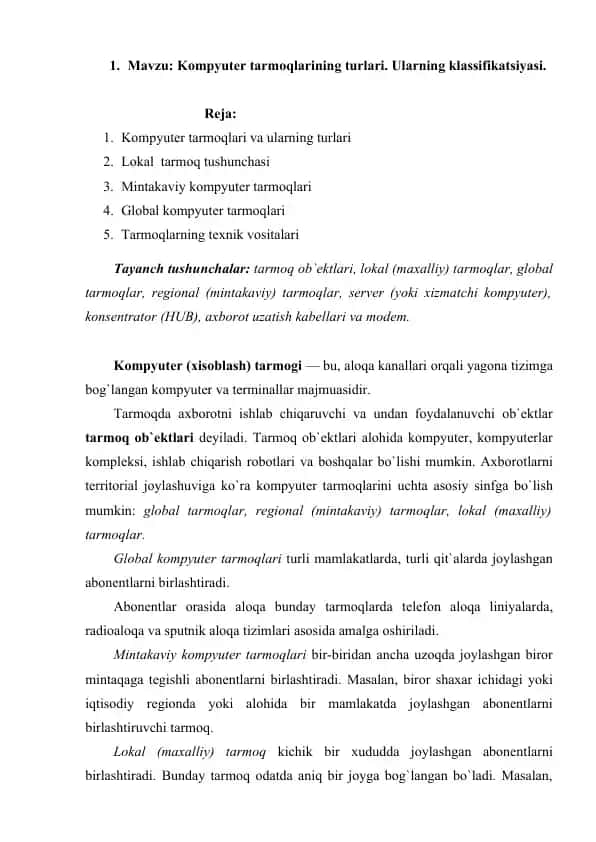 Kompyuter tarmoqlari va ularning turlari