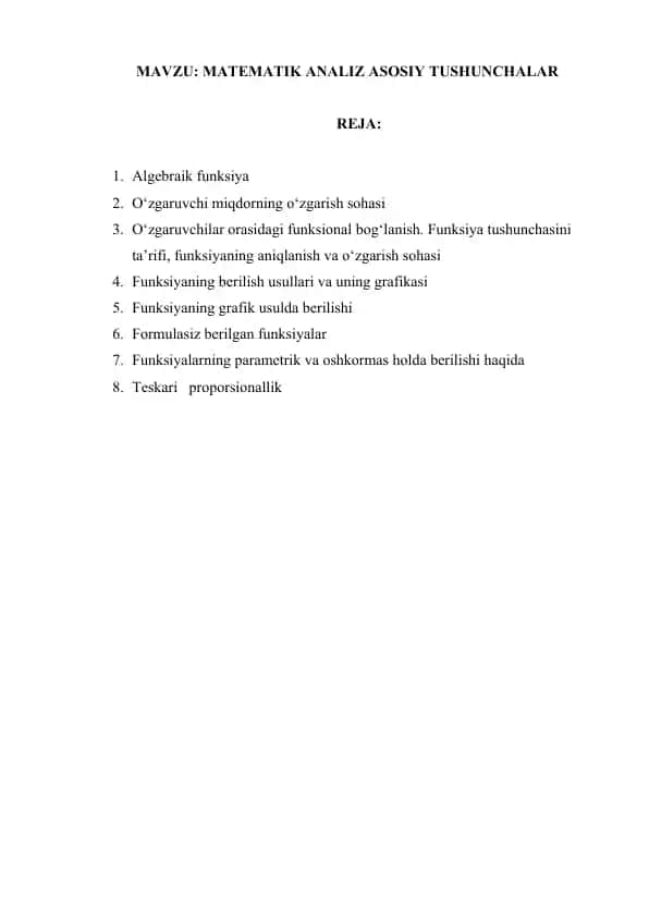 MATEMATIK ANALIZ ASOSIY TUSHUNCHALAR
