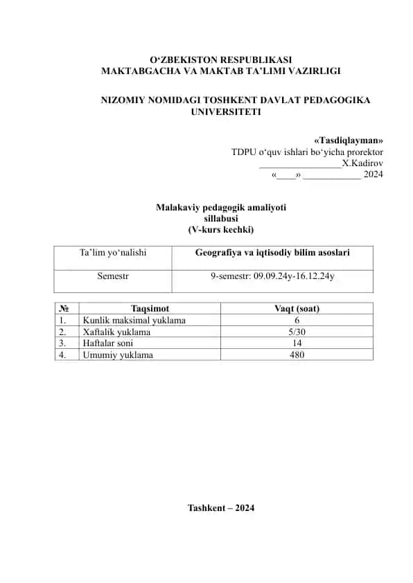 Malakaviy pedagogik amaliyoti sillabusi (V-kurs kechki)
