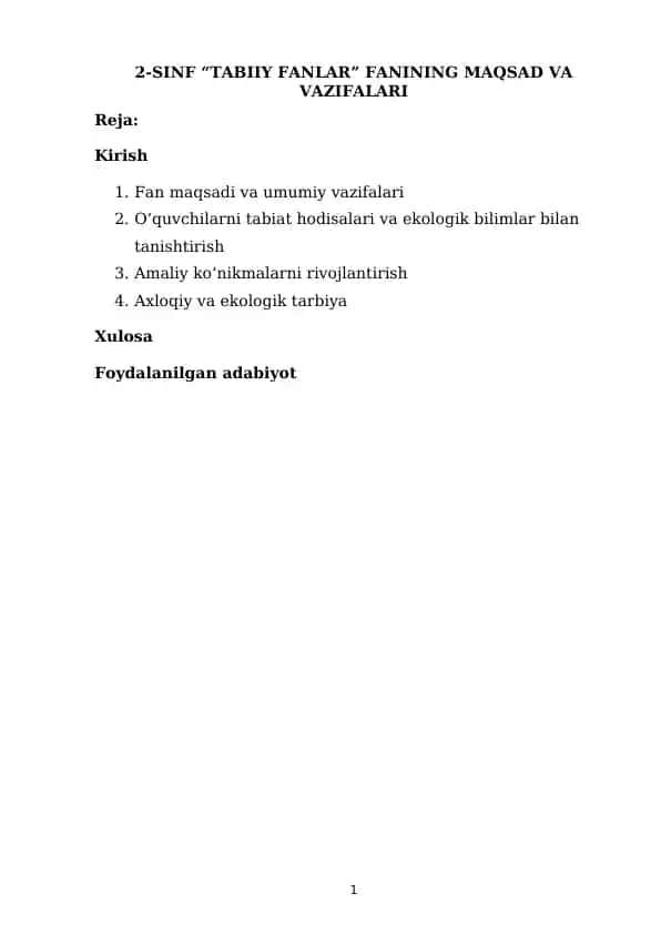 2-sinf “Tabiiy Fanlar” Fanining Maqsad va Vazifalari