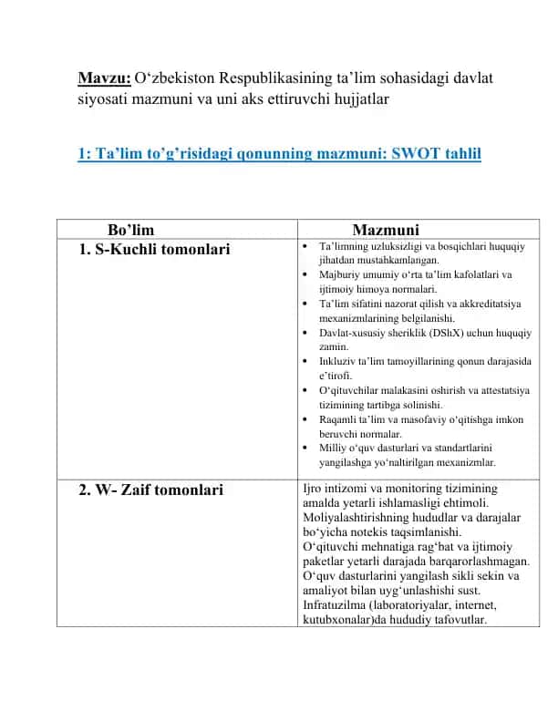O‘zbekiston Respublikasining ta’lim sohasidagi davlat siyosati mazmuni va uni aks ettiruvchi hujjatlar