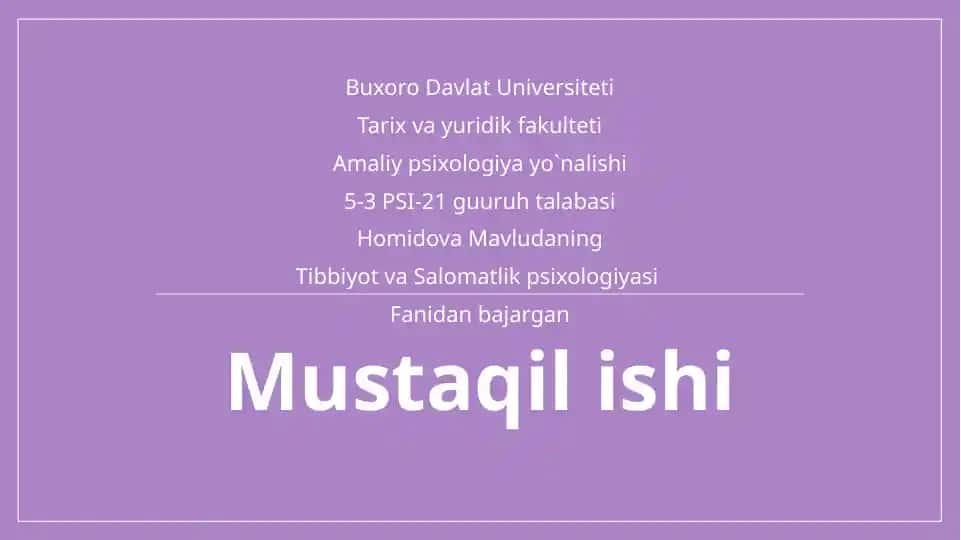 Tibbiyot va Salomatlik Psixologiyasi