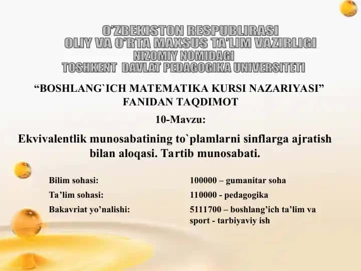 BOSHLANG`ICH MATMATIKA KURSI NAZARIYASI