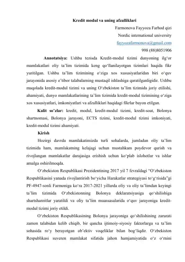 Kredit modul va uning afzalliklari