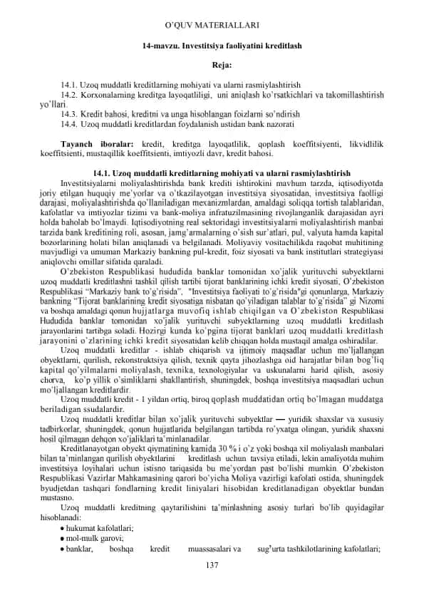 Investitsiya faoliyatini kreditlash