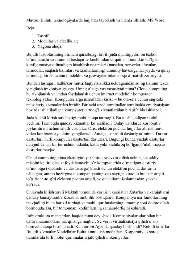 Bulutli texnologiyalarda hujjatlar tayorlash va ularda ishlash. MS Word