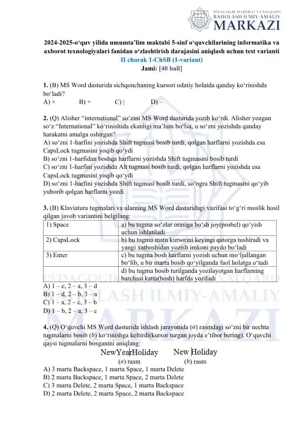 2024-2025-o‘quv yilida umumta’lim maktabi 5-sinf o‘quvchilarining informatika va axborot texnologiyalari fanidan o‘zlashtirish darajasini aniqlash uchun test varianti