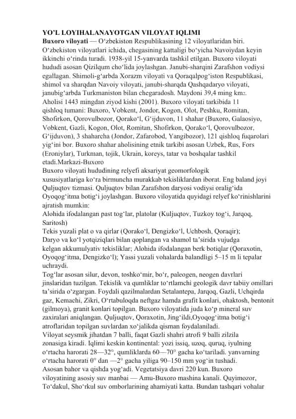 Buxoro viloyati haqida ma'lumotlar