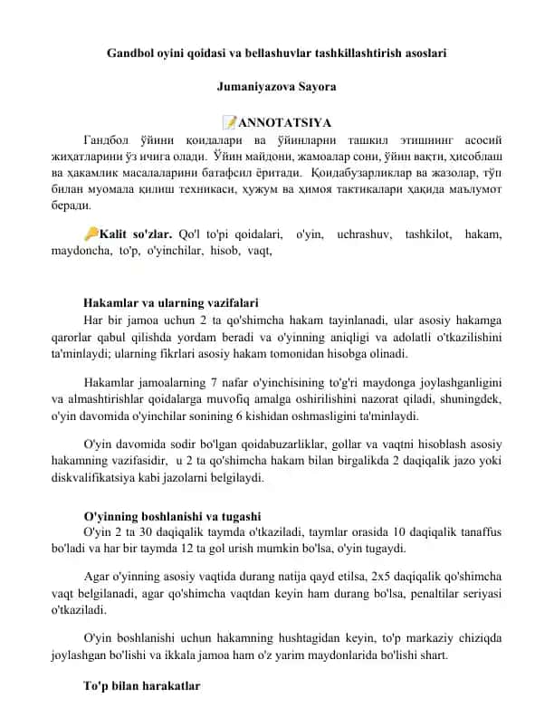 Gandbol oyini qoidasi va bellashuvlar tashkillashtirish asoslari