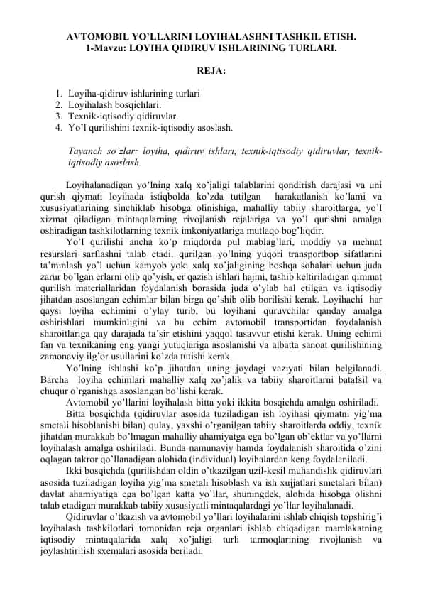 Avtomobil yo’llarini loyihalashni tashkil etish