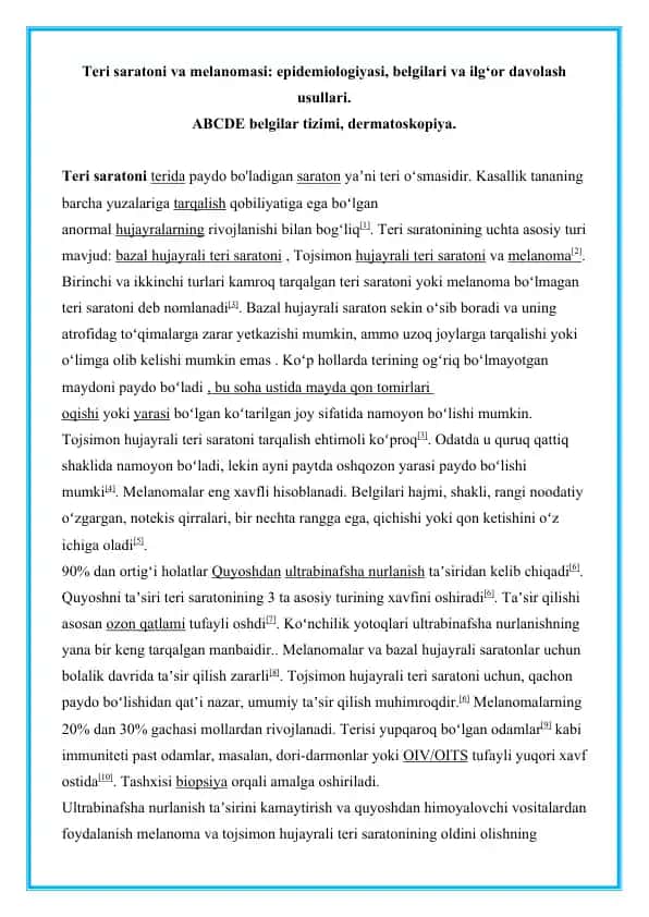 Teri saratoni va melanomasi: epidemiologiyasi, belgilari va ilg‘or davolash usullari