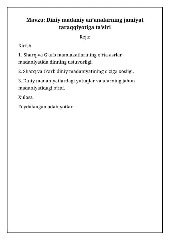 Diniy madaniy an’analarning jamiyat taraqqiyotiga ta’siri