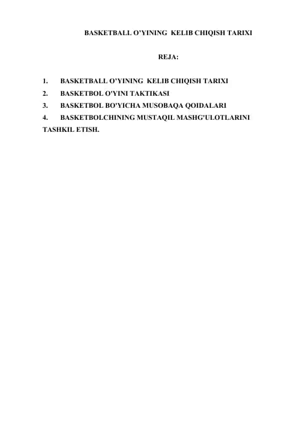 BASKETBALL O’YINING KELIB CHIQISH TARIXI
