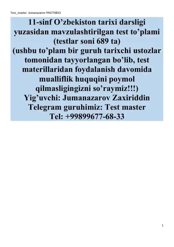 Tarix darsligi test to'plami