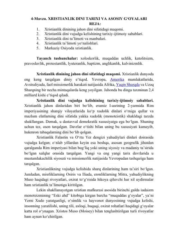 Xristianlik Dinining Tarixi va Asosiy G‘oyalari