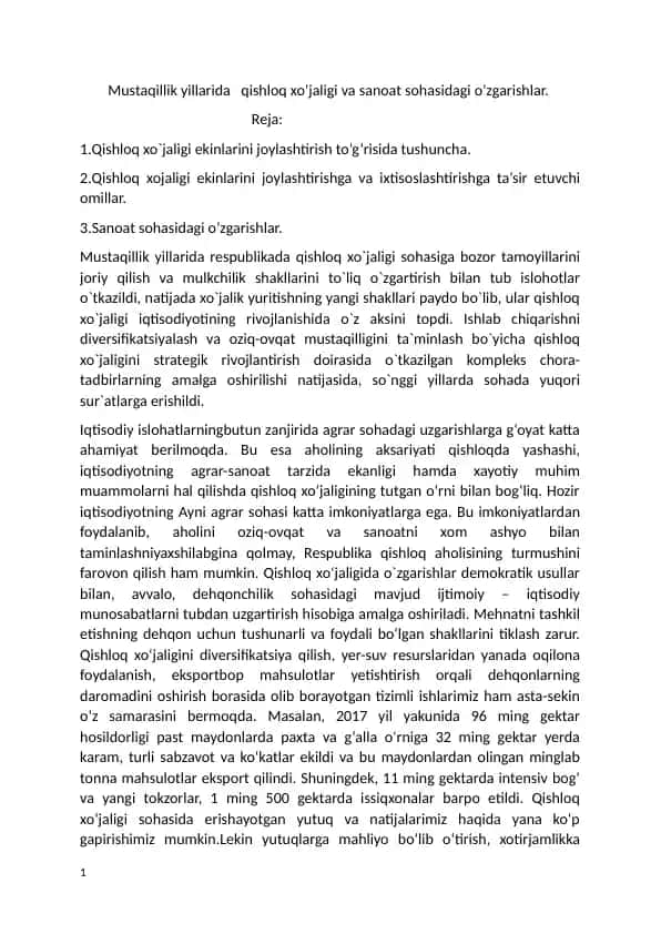 Mustaqillik yillarida qishloq xo’jaligi va sanoat sohasidagi o’zgarishlar.