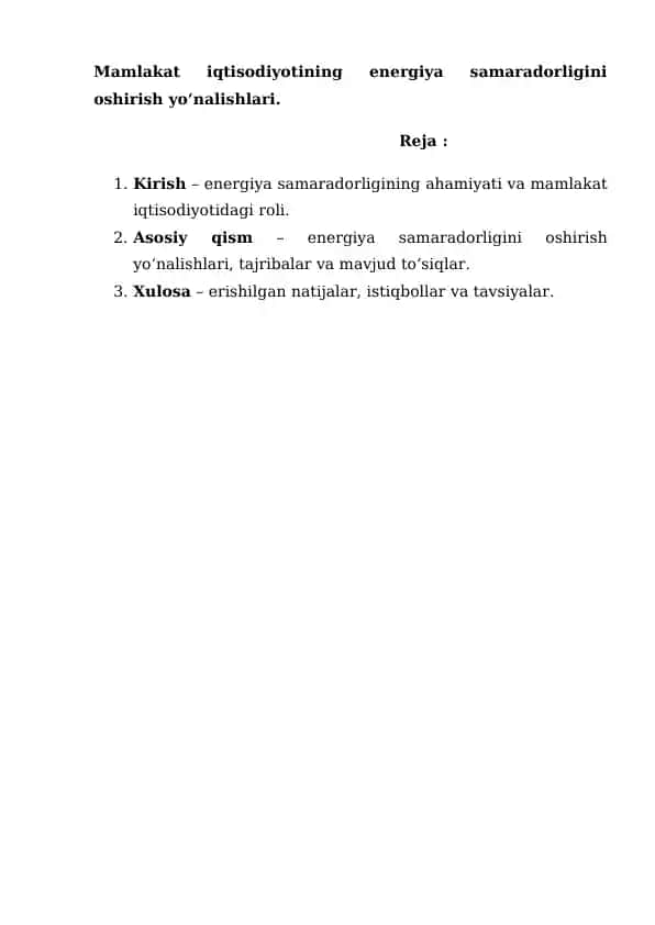 Mamlakat iqtisodiyotining energiya samaradorligini oshirish yo‘nalishlari