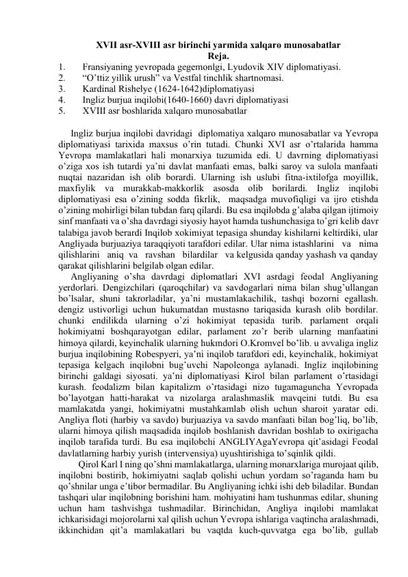 Diplomatiyada Xalqaro Munosabatlar va Ingliz Burjua Inqilobi