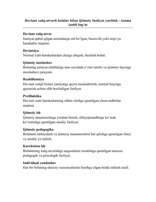 Deviant xulq-atvorli bolalar bilan ijtimoiy faoliyat yuritish - Atama izohli lugʻat