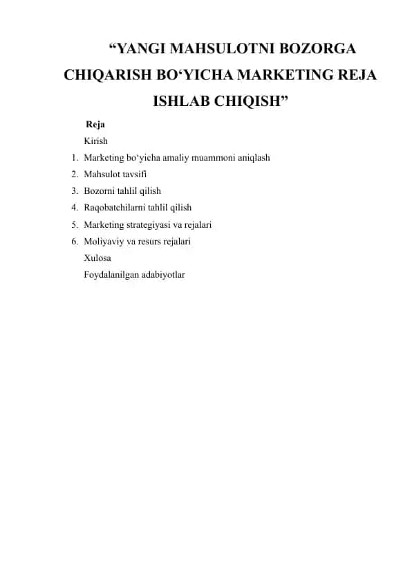 YANGI MAHSULOTNI BOZORGA CHIQARISH BO‘YICHA MARKETING REJA ISHLAB CHIQISH