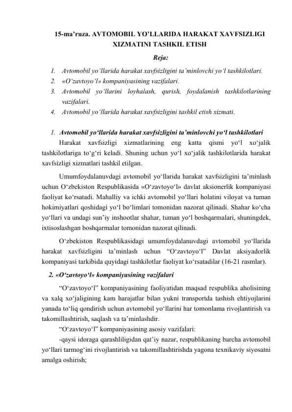 Avtomobil yo‘llarida harakat xavfsizligi xizmatini tashkil etish