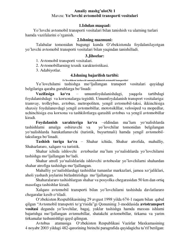 Yo’lovchi avtomobil transporti vositalari mashg’uloti