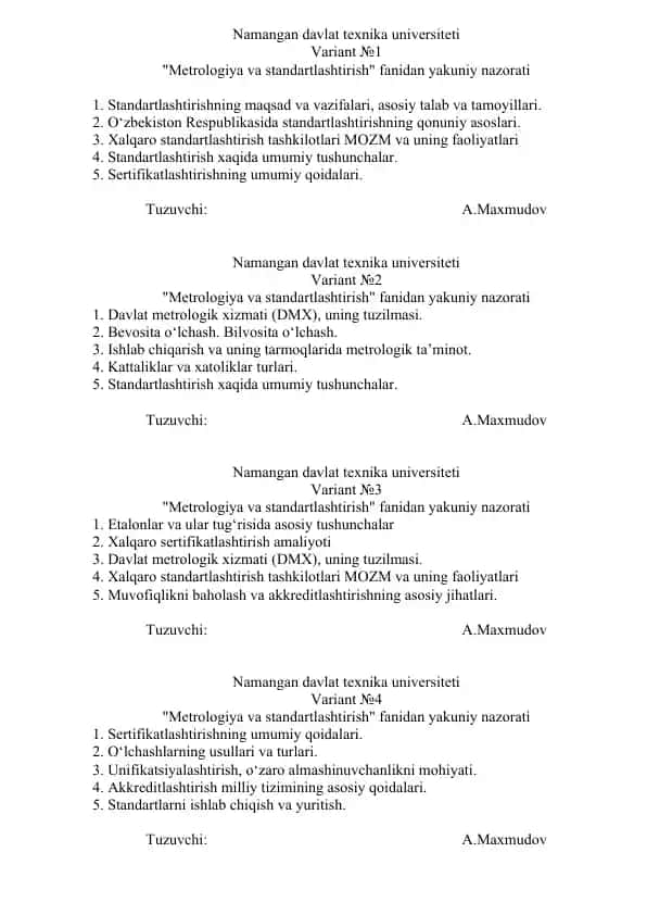 Metrologiya va standartlashtirish fanidan yakuniy nazorati