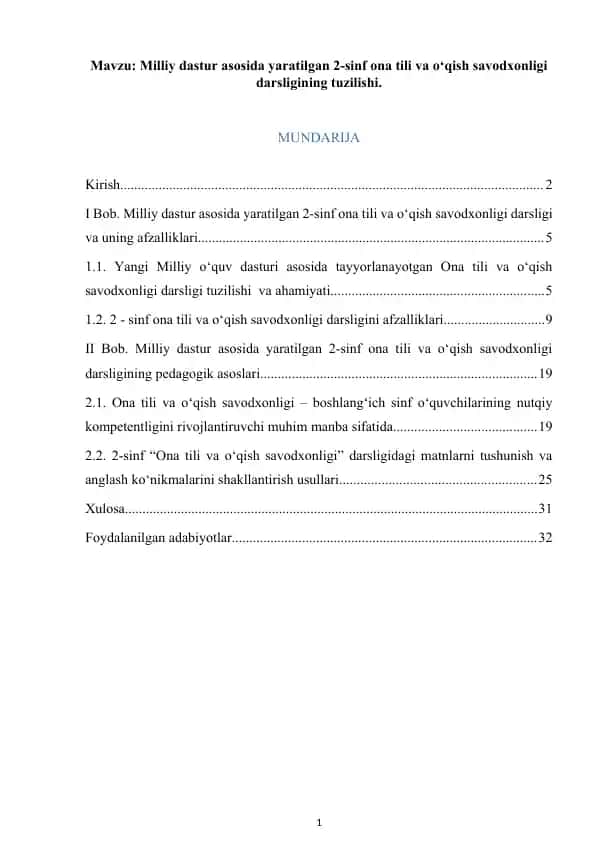 Milliy dastur asosida yaratilgan 2-sinf ona tili va o‘qish savodxonligi darsligining tuzilishi