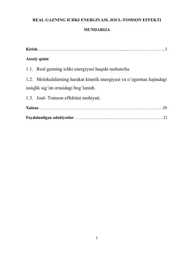 Real gazning ichki energiyasi, joul-tomson effekti