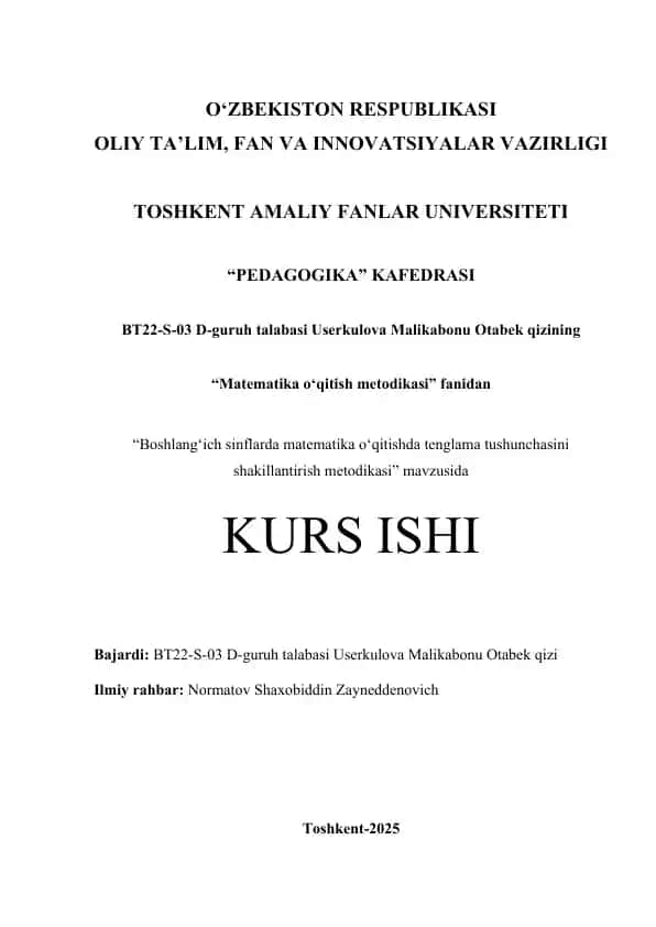 Boshlang‘ich sinflarda matematika o‘qitishda tenglama tushunchasini shakillantirish metodikasi