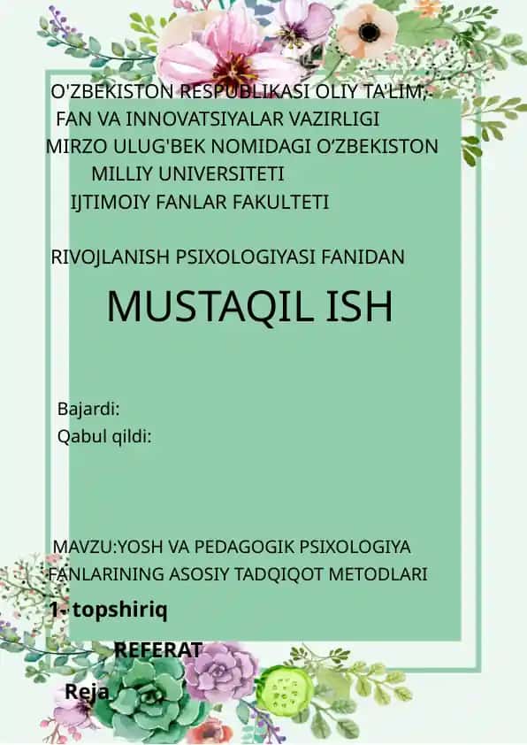 YOSH VA PEDAGOGIK PSIXOLOGIYA FANLARINING ASOSIY TADQIQOT METODLARI