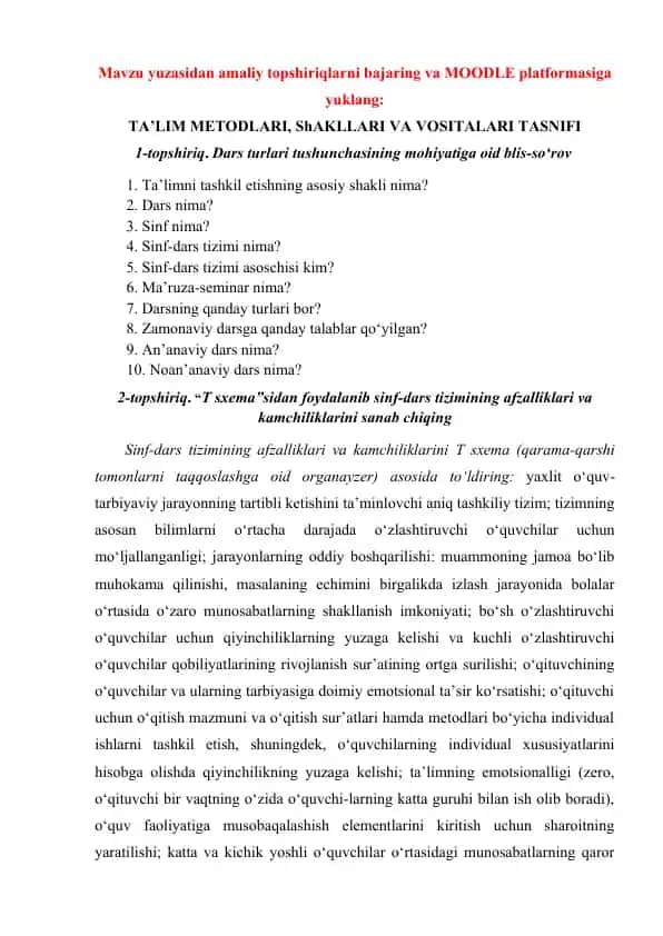 Ta’lim metodlari, shakllari va vositalari tasnifi bo‘yicha amaliy topshiriqlar to‘plami