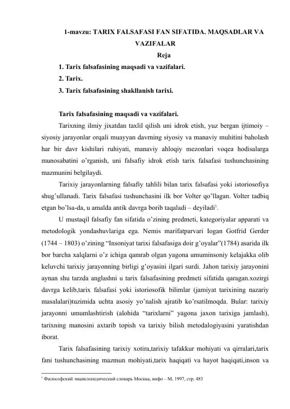 TARIX FALSAFASI FAN SIFATIDA. MAQSADLAR VA VAZIFALAR