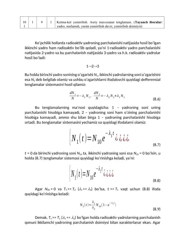Ketma-ket yemirilish. Asriy muvozanat tenglamasi.
